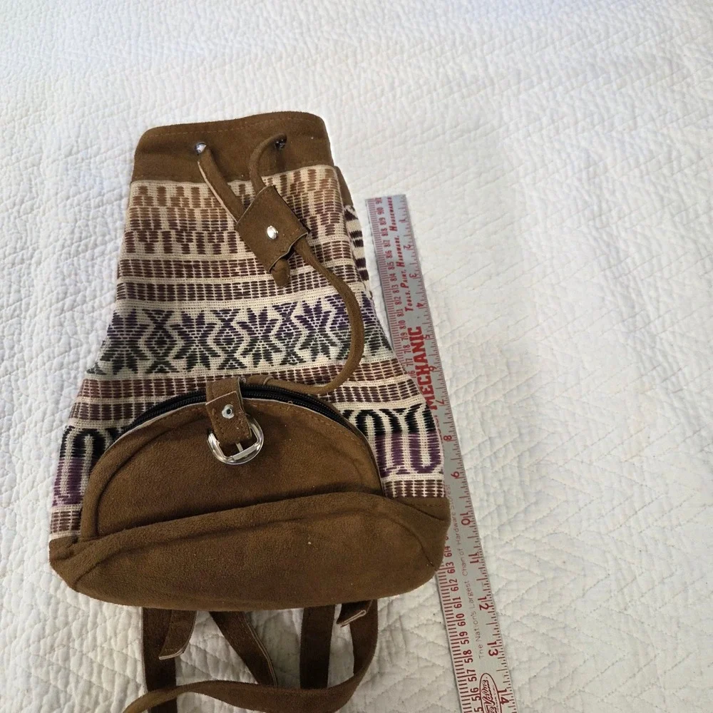 Belize Souvenir Mini Backpack Boho Suede Woven Geometric Sling Bag Brown Multi